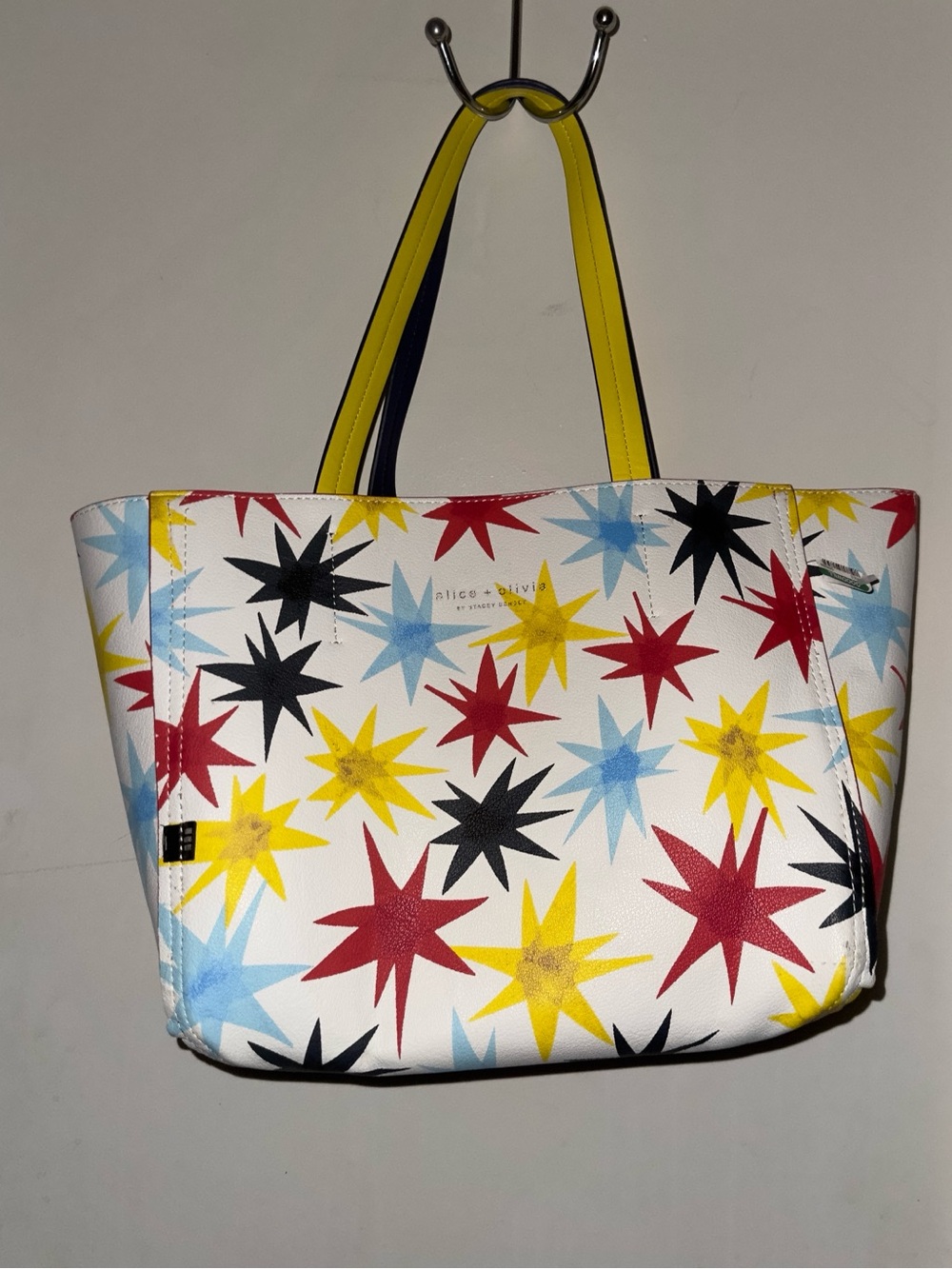 Alice + Olivia White Tote with Red, Yellow, Blue & Black Star Print